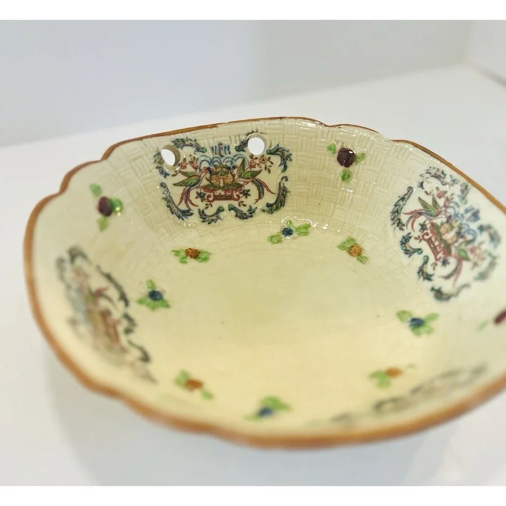 Antique Hotta Yu Shoten Japan Basket Weave Bowl Hand Painted Moriage Dish